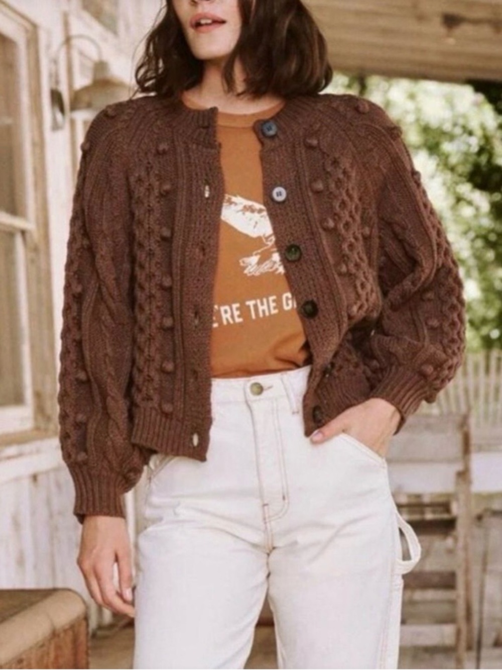 THE GREAT. Brown Cable-Knit Bobble Button Cardigan